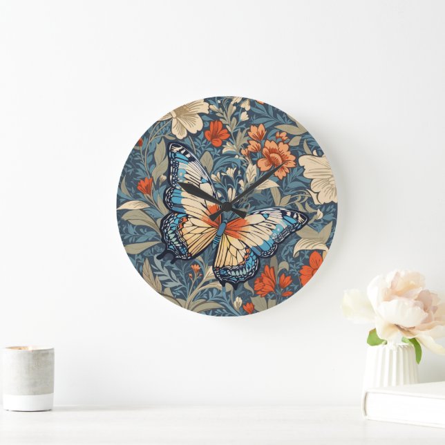 Regal Butterfly Amidst William Morris Floral Large Clock (Home)