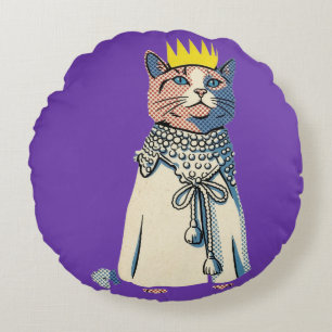 Regal Cat in Crown and Robe Vintage Pop Art Graphi Round Cushion