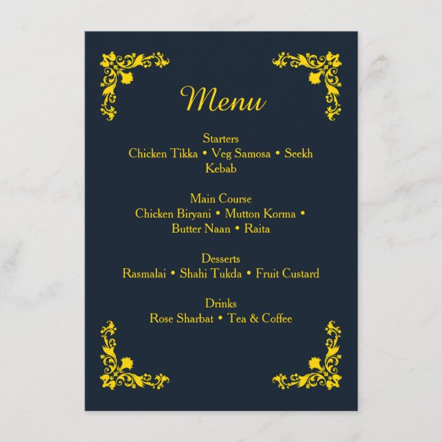 Regal Contrast Midnight Blue & Gold Dinner Menu (Front)
