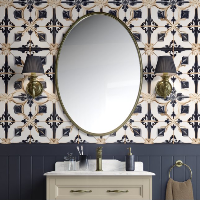 Regal Diamond Tiles - Navy and Gold - Traditional Wallpaper (Noble Elegance Peel and Stick Wallpaper)