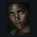 Regal Ebony Portrait Intense Gaze Gold Hoops Photo Print<br><div class="desc">A luminous close-up captures deep ebony skin sculpted by soft light, highlighting razor-sharp cheekbones, full glossy lips, and piercing hazel-green eyes framed by bold winged liner. Natural curls hug the face tightly while small gold hoops and rich green embroidered fabric add refined luxury against a velvety black backdrop. The portrait...</div>