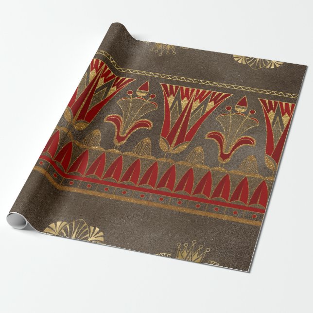 Regal Egyptian Floral and Geometric Gold-Red Motif Wrapping Paper (Unrolled)