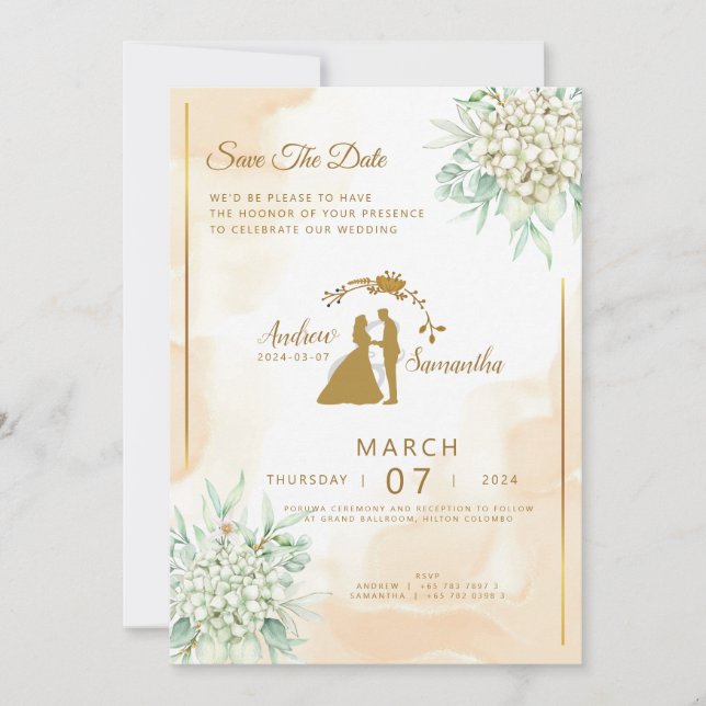 Regal Elegance: Ivory, Gold & Green Invitation (Front)