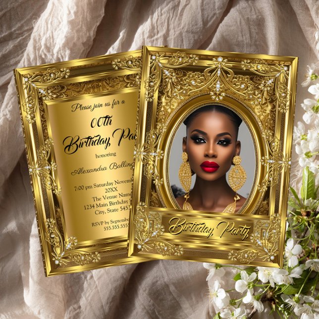 Regal Elegant Photo Birthday Party Gold Gems Invitation (Creator Uploaded)