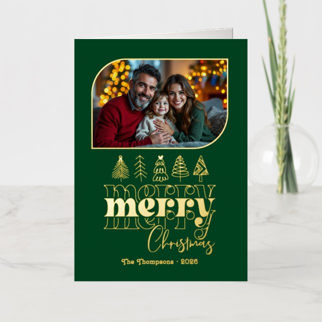 Regal Festive Hand Drawn Merry Christmas Photo Foil Holiday Card (Front)