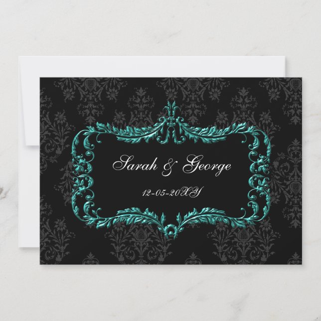 regal flourish black and aqua damask invites (Front)