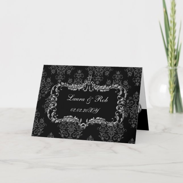 regal flourish black and grey damask thank you card (Front)