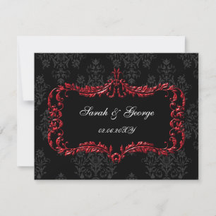 regal flourish black and red damask rsvp card