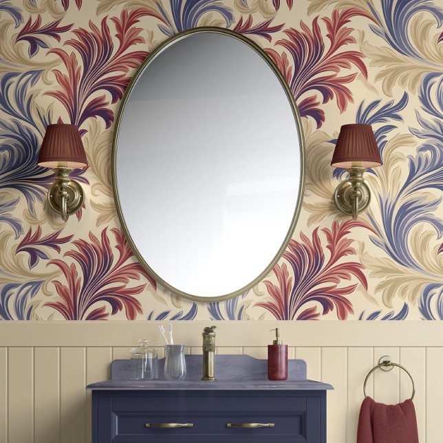 Regal Flourish Elegance Beige, Burgundy, & Blue  Wallpaper (Regal Flourish Elegance - Beige, Burgundy, and Blue - Traditional Peel and Stick Wallpaper)