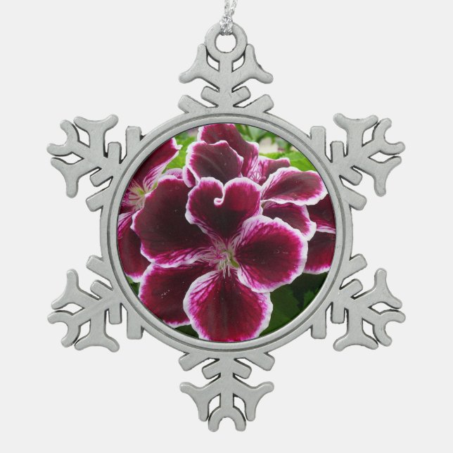 Regal Geranium Flowers Elegant Maroon Floral Lugga Snowflake Pewter Christmas Ornament (Front)