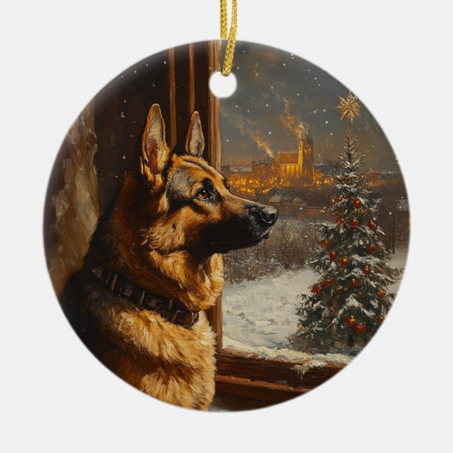 Regal German Shepherd Christmas Tree Oil Painting  Ceramic Tree Decoration (Front)