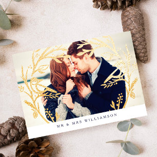 Regal Gold Bird & Branch Monogram Newlyweds Photo Holiday Card
