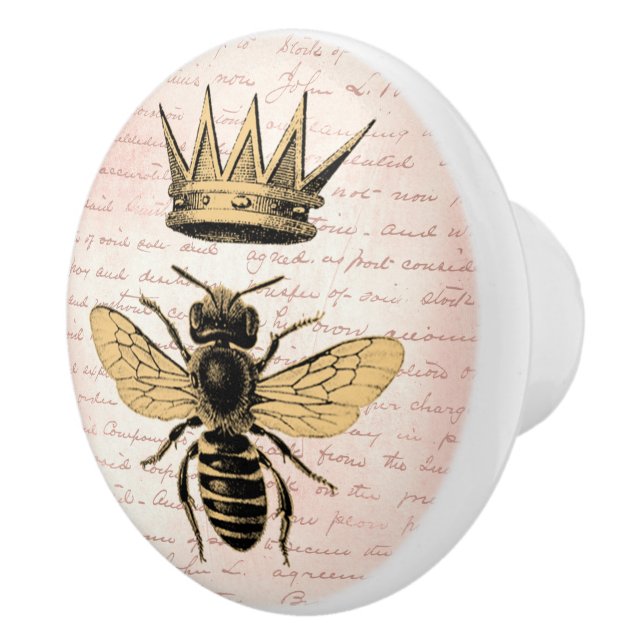 Regal Gold Crown Queen Bee Pink French Handwriting Ceramic Knob (Right)