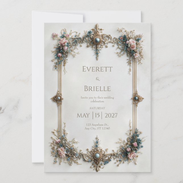 Regal Gold Filigree Gemstone Wedding Invitation (Front)