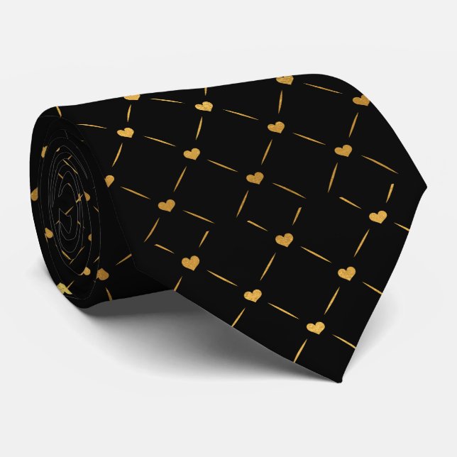 Regal Gold Heart Motif Black Neck Tie  (Rolled)