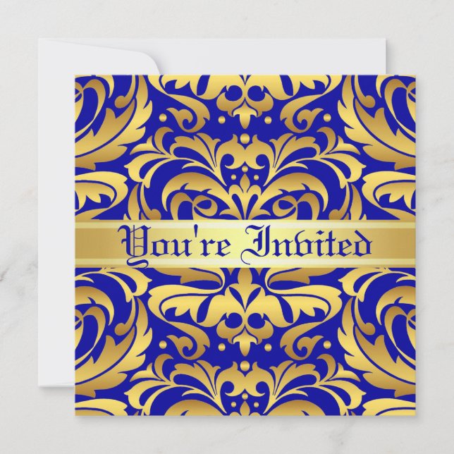 Regal Gold Metal Damask Blue Scroll Invitation (Front)