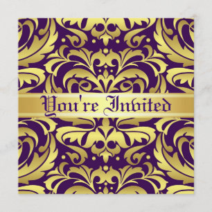 Regal Gold Metal Damask Purple Scroll Invitation