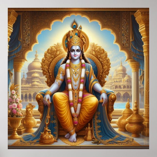 Regal Gold Ornate Krishna Dwarkadheesh Throne Art  Poster (Front)