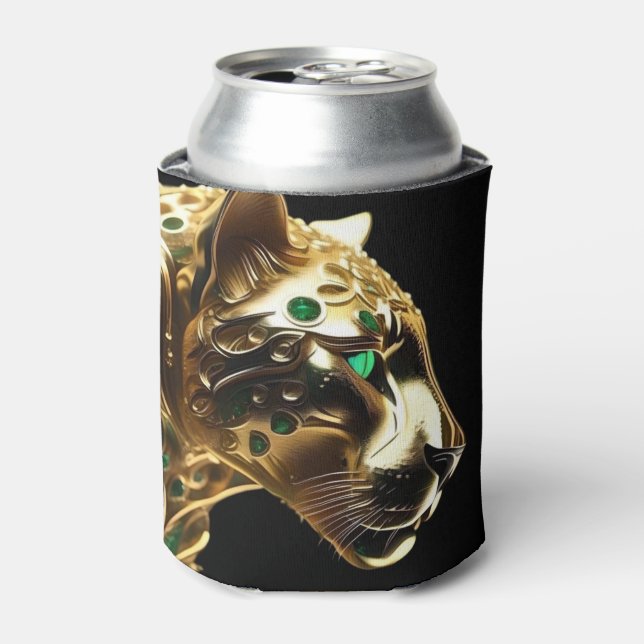 Regal Grace: The Gold Jaguar Adorned with Emeralds Can Cooler (Can Front)