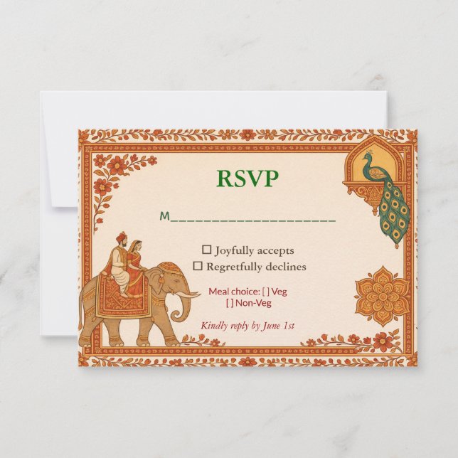Regal Indian Floral Peacock RSVP Card (Front)