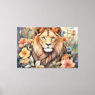 Regal Lion Amidst Blooms Exotic Wildlife Canvas Print