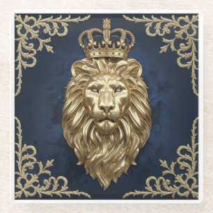 Regal Lion Design - Navy Blue & Gold Luxury Decor Glass Coaster