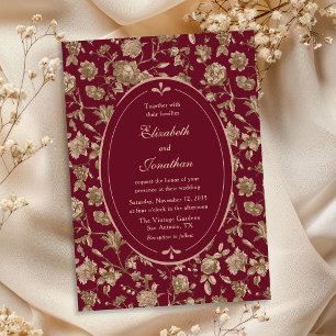 Regal Merlot Burgundy Floral Toile Vintage Wedding Invitation