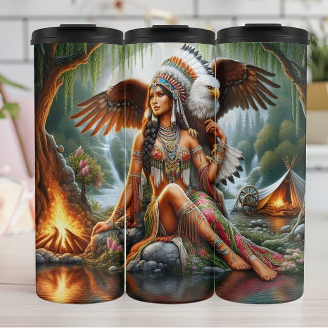 Regal Native Woman, Eagle Companion. Thermal Tumbler (Creator Uploaded)