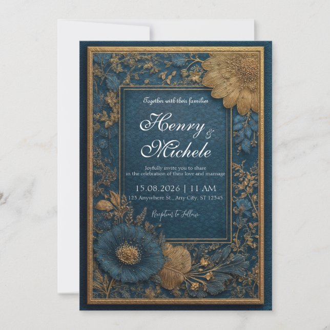 Regal Navy and Gold Floral Wedding Invitation (Front)