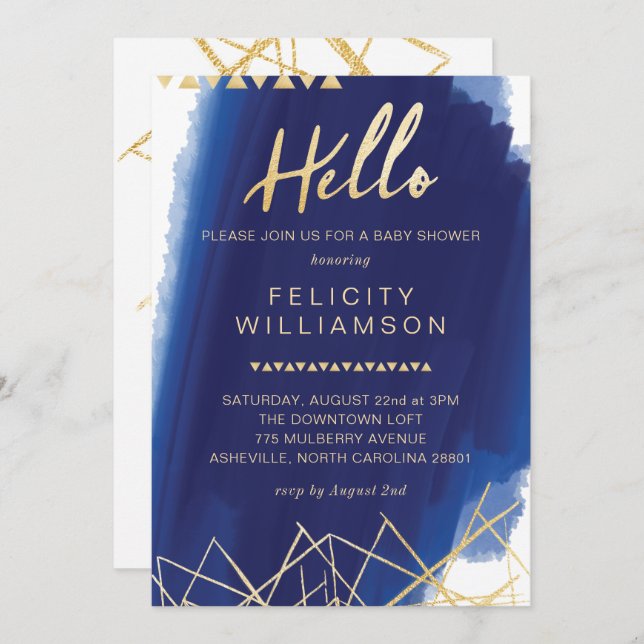 Regal Navy, Gold Watercolor Baby Shower Invitation (Front/Back)