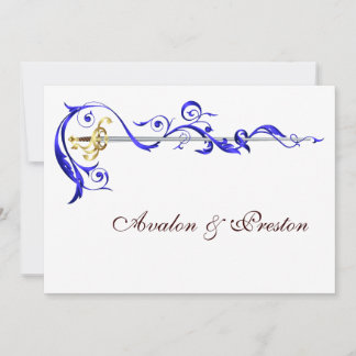 Regal Navy Scroll Ribbon Sword Wedding Invitation