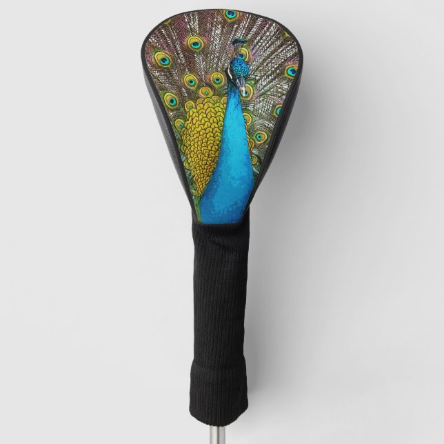 Regal Peacock Bird with Teal and Gold Plumage Golf Head Cover (Front)