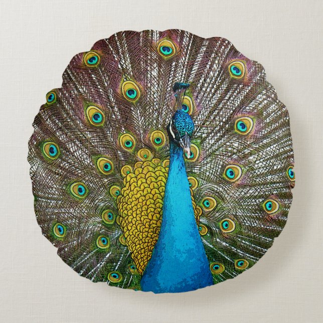 Regal Peacock with Teal Blue and Gold Plumage Round Cushion (Front)