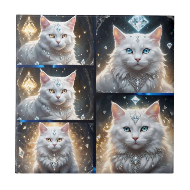 Regal Persian White Fluffy Cat Photo Collage, Tile (Front)