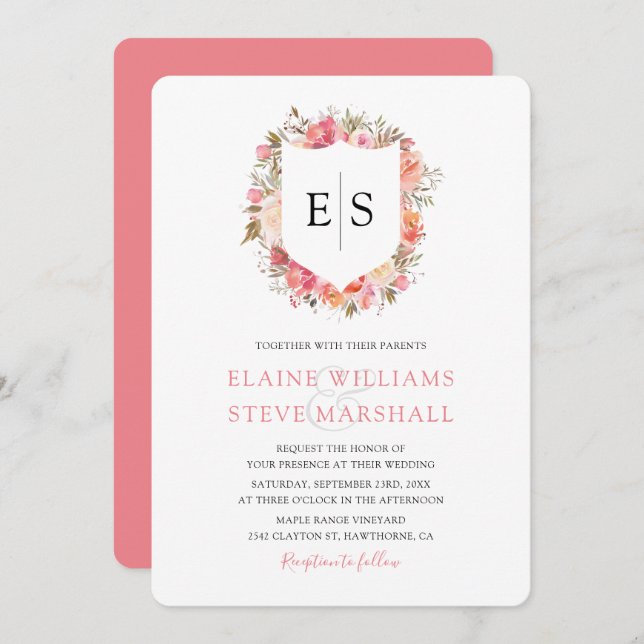 Regal Pink Floral Monogram Crest Wedding Invitation (Front/Back)