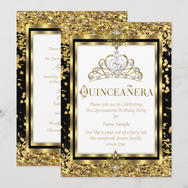 Regal Princess Quinceanera 15th Gold Black White Invitation (Front/Back)