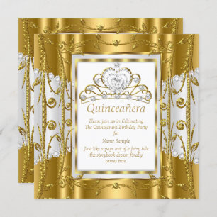 Regal Princess Quinceanera 15th Gold White Tiara Invitation