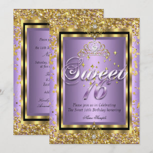 Regal Princess Sweet 16 Gold Lavender Purple Party Invitation