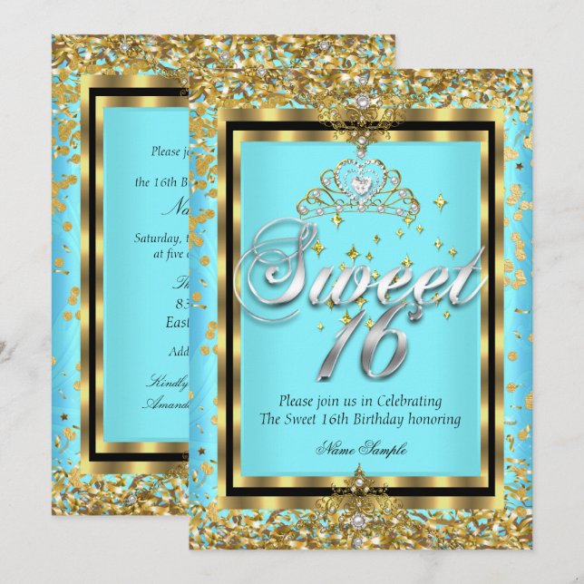 Regal Princess Sweet 16 Gold Teal Blue Party Invitation (Front/Back)