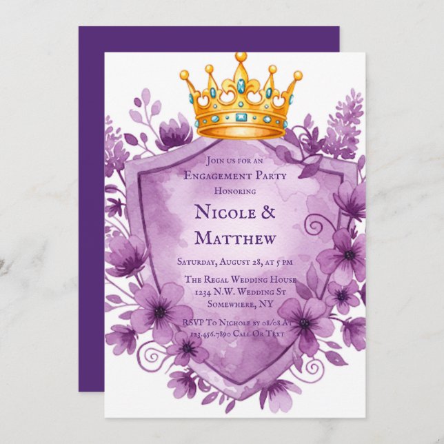 Regal Purple Floral Crest Engagement Party Invitation (Front/Back)