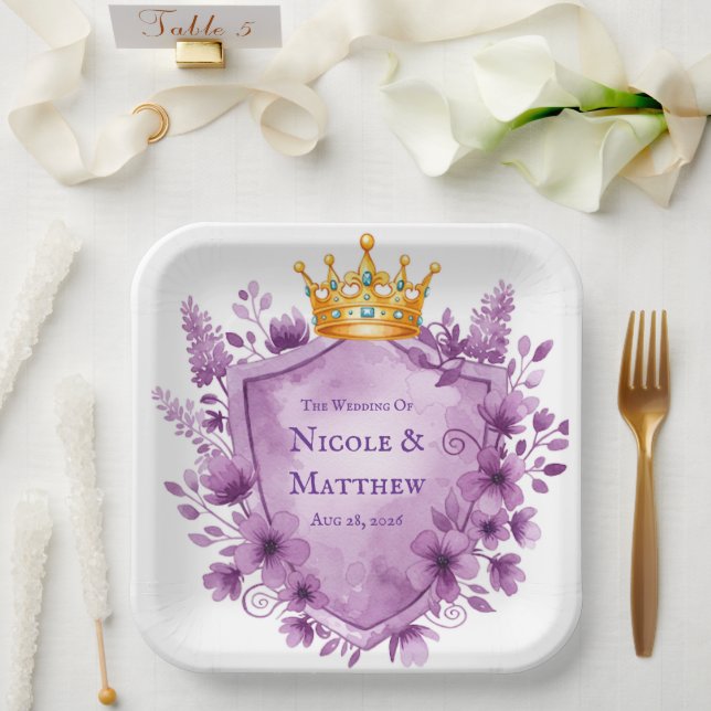 Regal Purple Floral Crest Wedding Paper Plate (Wedding)