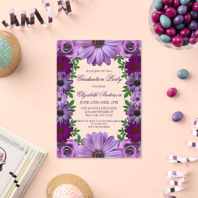 Regal Purple Floral Graduation Party Acrylic Invitations (Insitu (Celebration))