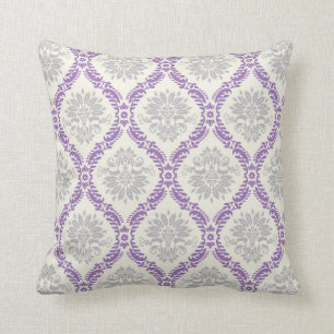 regal purple grey and cream damask design cushion