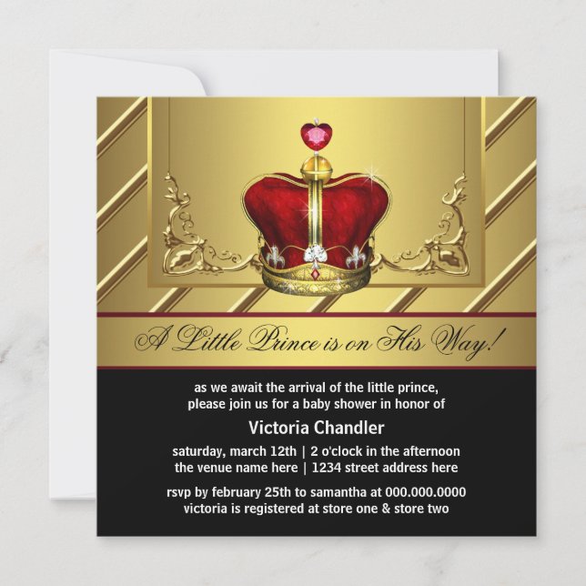 Regal Red and Gold Crown Prince Baby Shower Invitation (Front)