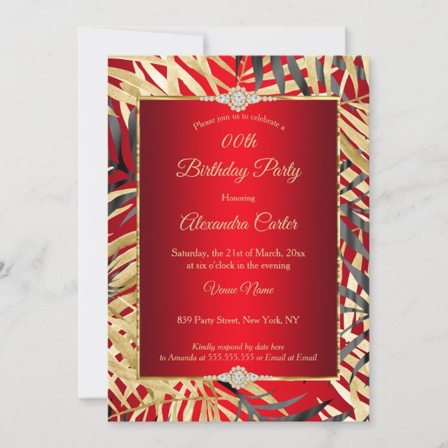 Regal Red Grey Gold Palms Diamond Birthday Party Invitation (Front)