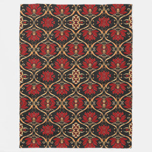Regal Red Lotus & Golden Filigree Pattern Fleece Blanket