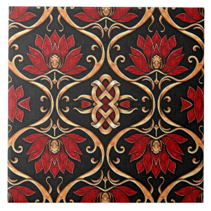 Regal Red Lotus & Golden Filigree Pattern Tile