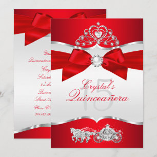 Regal Red Silver Tiara Pearl Bow Quinceanera Invitation