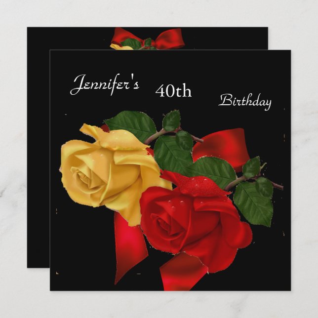 Regal Red Yellow Rose 40th Birthday Party Black Invitation (Front/Back)