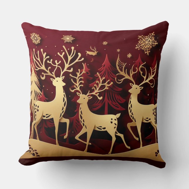 Regal Reindeer Ensemble – Paper-Cut Forest Cushion (Front)